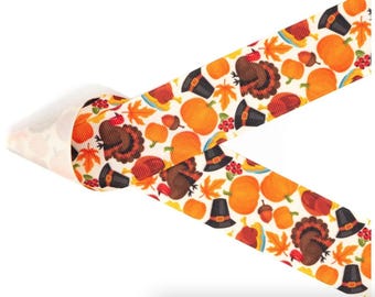 Thanksgiving Themed Grosgrain Ribbon 1.5" 38mm Ribbon, Hair Bow Craft Ribbon, Dog Collar - Sold by the Yard | Custom Made Dog Collar