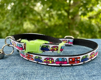 Retro Camper Camping Cat/Kitten and Puppy/X-Small Dog Collar 3/8" wide or 1/2" wide with Glow in the Dark Buckle - Ready to Ship!