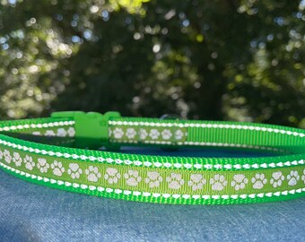 Reflective Dog Paw Print Lime Green Night Time Safety Dog Collar 3/4" wide - RTS