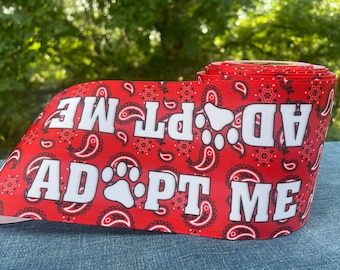 Adopt Me Leash Sleeve Cover Red Bandana/Paisley Print Grosgrain Ribbon - Made in the USA Designed by Just Dog Gone Cute!