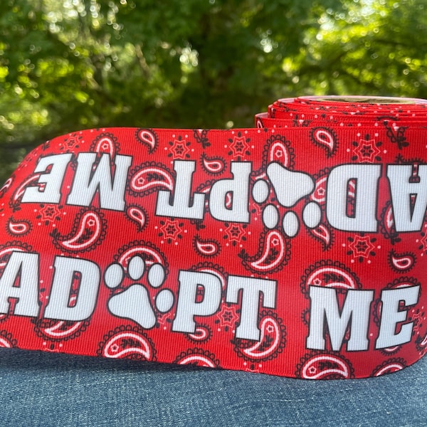 Adopt Me Leash Sleeve Cover Red Bandana/Paisley Print Grosgrain Ribbon - Made in the USA Designed by Just Dog Gone Cute!