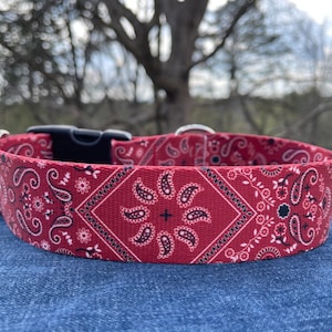 Red Bandana Print Large Dog Collar or Leash 1.5&quot; wide | Key FOB, Purse Strap - Ready to Ship!