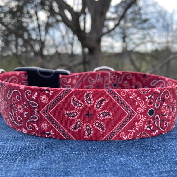 Red Bandana Print Large Dog Collar or Leash 1.5" wide | Key FOB, Purse Strap - Ready to Ship!