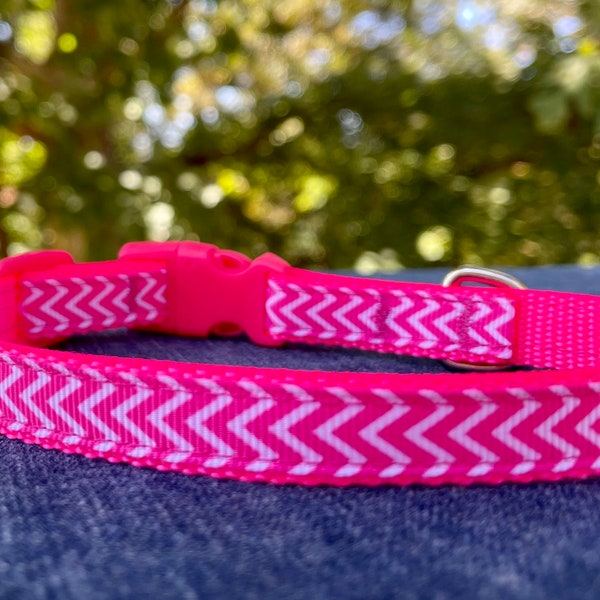 Pink Cancer Support Chevron X-Small Teacup/Toy Dog Collar with 5ft Hot Pink Leash 1/2" wide - RTS