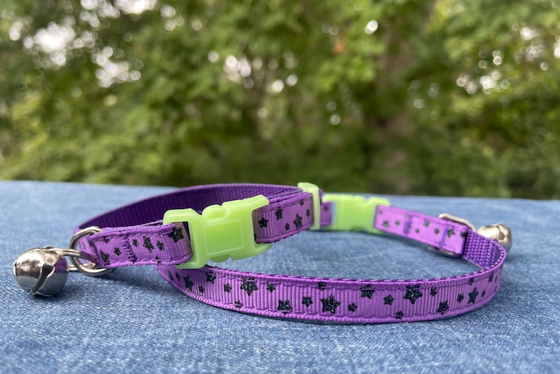 May include: Purple cat collar with black star print and a lime green buckle. The collar has a bell attached.