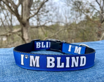 May include: Blue dog collar with white text that reads "I'm Blind" with a paw print symbol before the "M".
