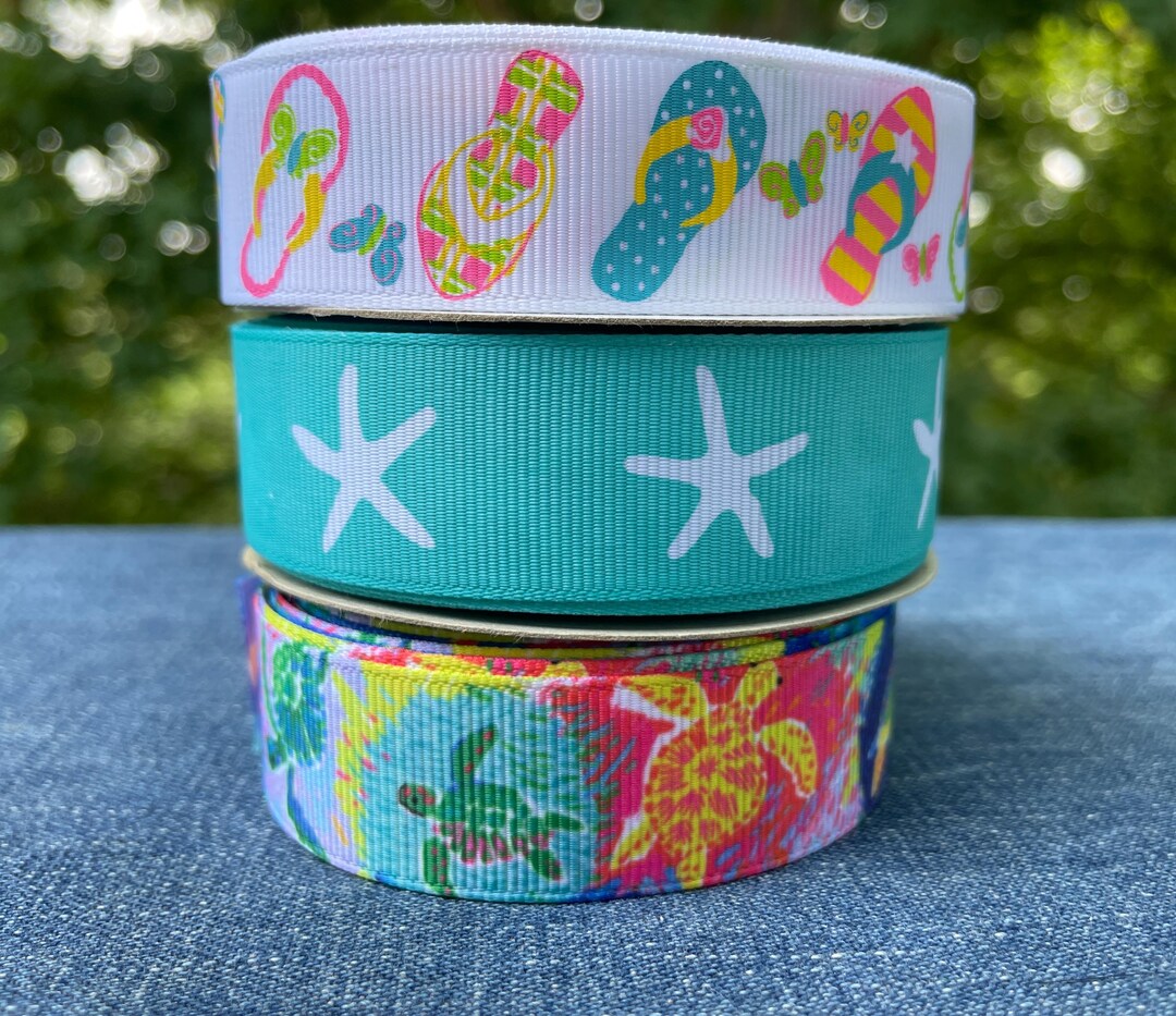 Beach Theme Flip Flops, Starfish, Turtles Ribbon 5/8