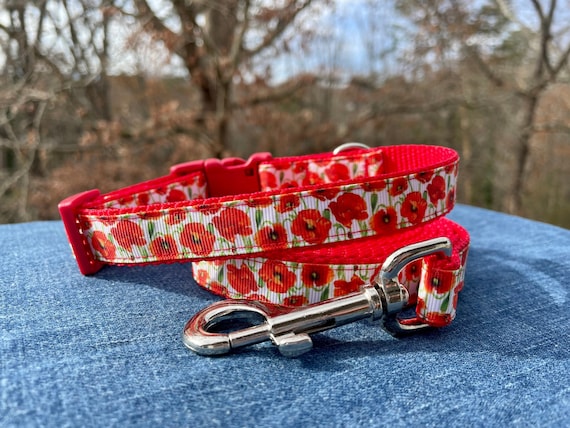 Red/orange Poppy Flower Dog Collar, Martingale or Leash 1