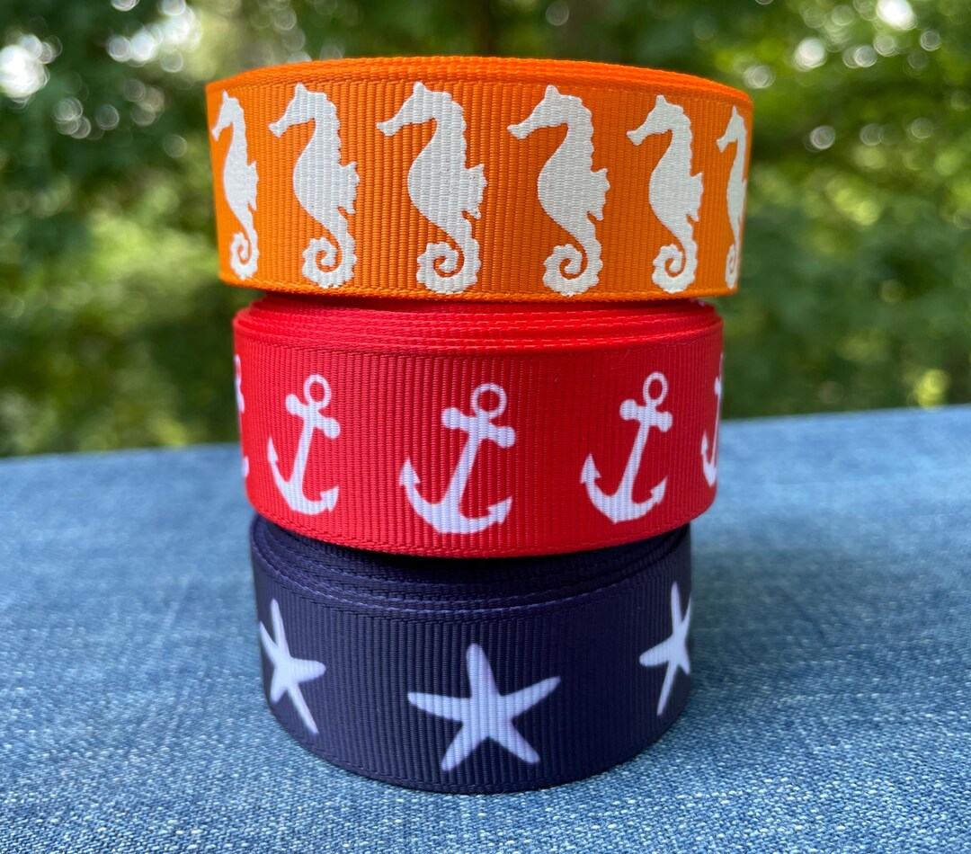 Seahorse, Starfish, Anchors Beach Theme Vacation Ribbon 7/8