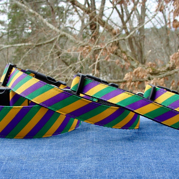 Mardi Gras Stripes Dog Collar Best Seller - 5/8" wide X-Small to 1.5" wide X-Large - Made to Order