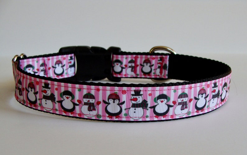 READY TO SHIP Pink Striped Snowman /& Penguin Christmas Dog Collar