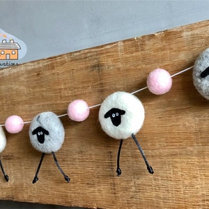 Felted Sheep Garland, grey and white, blush pink, sheep decoration, sheep gifts, home decor, nursery, sheep bunting