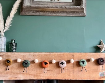 FELTED SHEEP GARLAND, autumn colours, sheep decor,sheep bunting, nursery garland, woodland, country decor