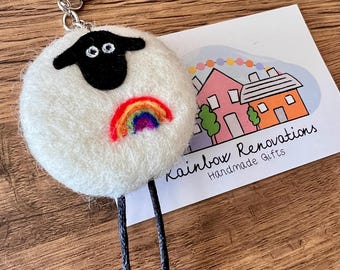 Felted Sheep and Rainbow Keyring