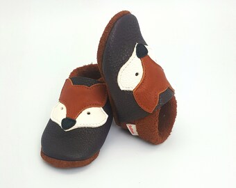 Krabbelschuhe  Babypuschen aus Leder mit Fuchs braun