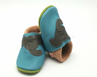 Krabbelschuhe Lederpuschen Babyschuhe Elefant blau