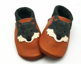 Chaussures d'éveil chaussons en cuir chaussures bébé loup marron gris