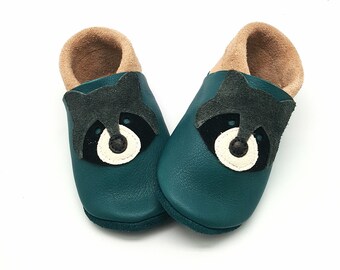 Krabbelschuhe Lederpuschen Babyschuhe Waschbär petrol