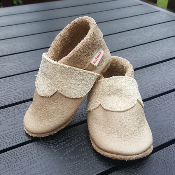 Krabbelschuhe Lederpuschen Babyschuhe Taufschuhe beige ungefärbt für Jungen und  Mädchen