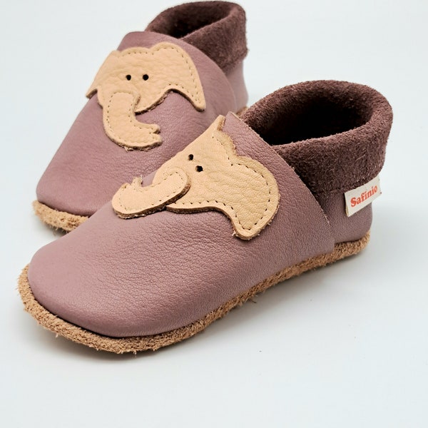 Krabbelschuhe Lederpuschen Babyschuhe Elefant altrosa