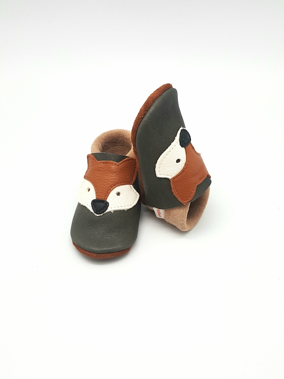 Chaussons bébé cuir souple Loup Marron semelles antidérapantes pour filles  ou garçons