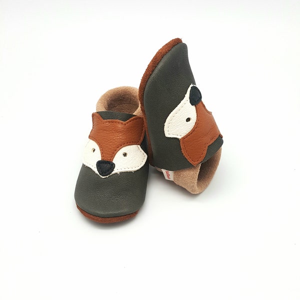 Baby shoes, leather slippers, baby shoes, fox, forest animals, color of your choice, vegetable-tanned Ecopell leather, soft, robust nappa leather