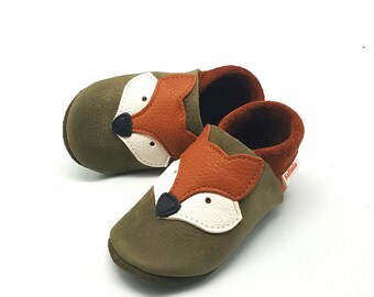 Crawling shoes leather punches baby shoes fox khaki brown nubuk matt