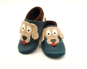 Leather punches baby shoes dog petrol brown
