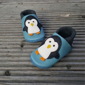 Crawling Shoes Leather Punches Baby Shoes Penguin baby blue, Gift Boy, Girl, Baby Shower, Birthday, More Colors Available image 3