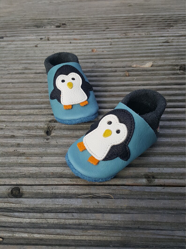 Crawling Shoes Leather Punches Baby Shoes Penguin baby blue, Gift Boy, Girl, Baby Shower, Birthday, More Colors Available image 3