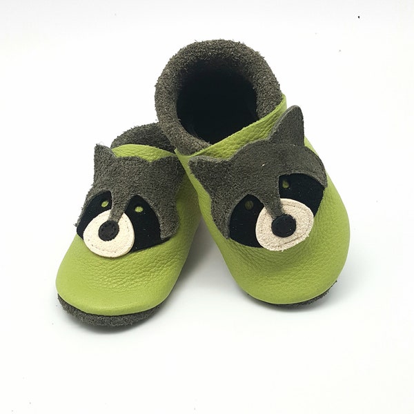 Crawling shoes Leather punches Baby shoes Raccoon green gray, light green vegetable tanned, real nappa leather, children's punch boy, girl