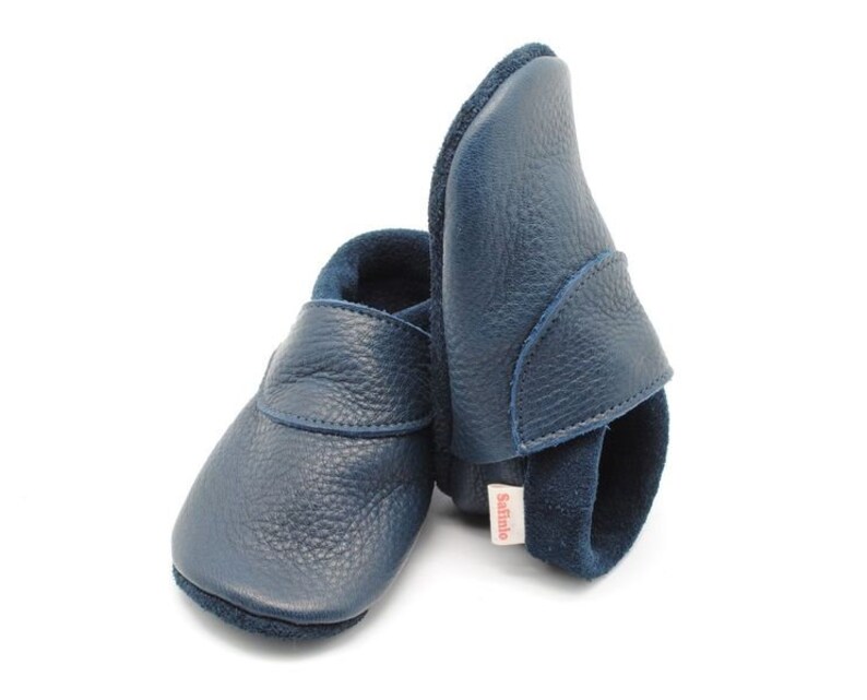 Krabbelschuhe Lederpuschen Babyschuhe schlicht blau uni Bild 2