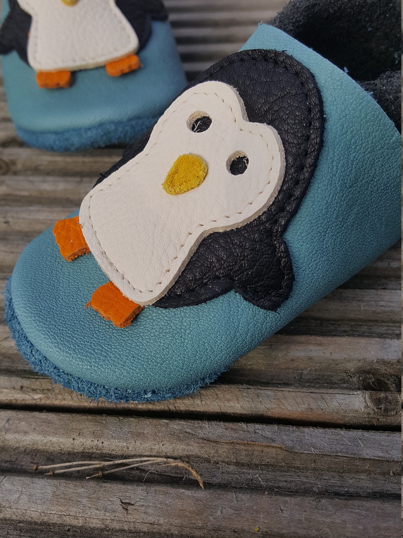 Crawling Shoes Leather Punches Baby Shoes Penguin baby blue, Gift Boy, Girl, Baby Shower, Birthday, More Colors Available image 4