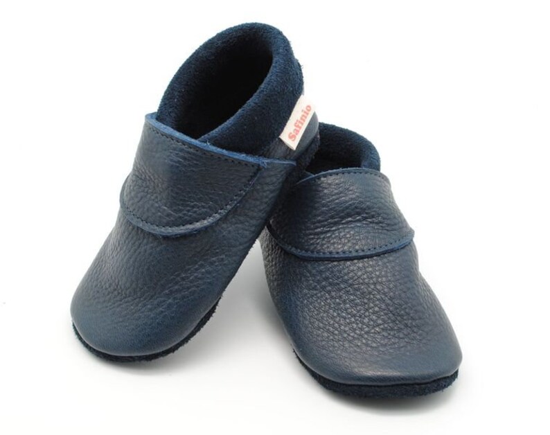 Krabbelschuhe Lederpuschen Babyschuhe schlicht blau uni Bild 3