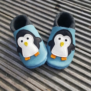 Crawling Shoes Leather Punches Baby Shoes Penguin baby blue, Gift Boy, Girl, Baby Shower, Birthday, More Colors Available image 1