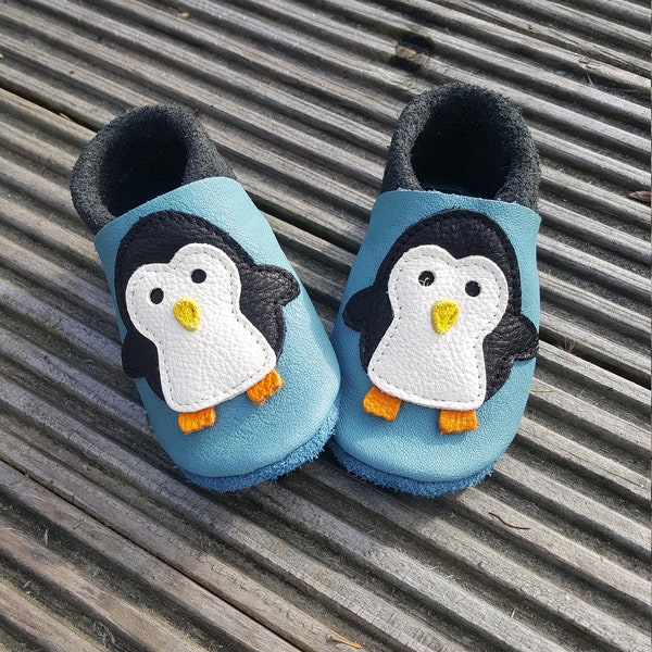 Crawling Shoes Leather Punches Baby Shoes Penguin baby blue, Gift Boy, Girl, Baby Shower, Birthday, More Colors Available