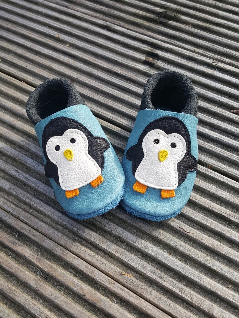 Crawling Shoes Leather Punches Baby Shoes Penguin baby blue, Gift Boy, Girl, Baby Shower, Birthday, More Colors Available image 1