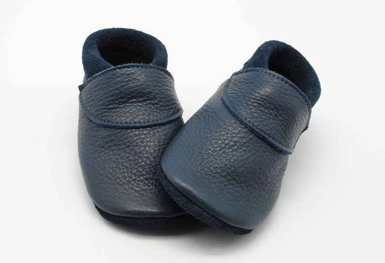 Krabbelschuhe Lederpuschen Babyschuhe schlicht blau uni Bild 1