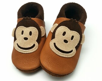 baby shoes, children footwear monkey brown, vegetable tanned leather