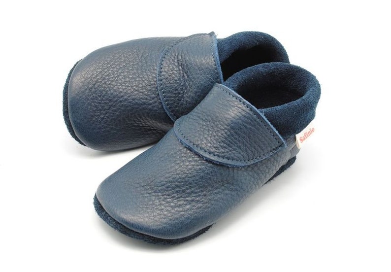 Krabbelschuhe Lederpuschen Babyschuhe schlicht blau uni Bild 4