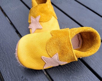 Krabbelschuhe Lederpuschen Babyschuhe Stern gelb