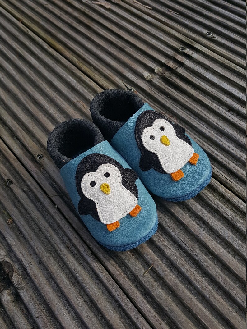 Crawling Shoes Leather Punches Baby Shoes Penguin baby blue, Gift Boy, Girl, Baby Shower, Birthday, More Colors Available image 2