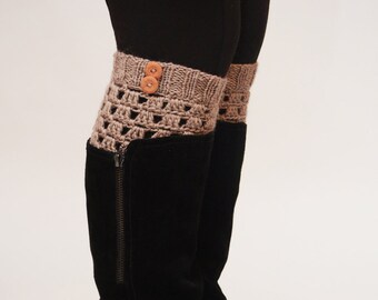 Hand Knitted Crocheted Brown Leg Warmers, Winter Legwarmers, boot cuffs,boot socks, Knit Accessory, Winter Accessories