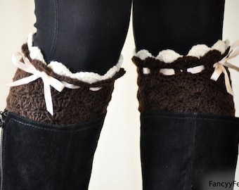 Crochet Brown and Off-White Boot Cuffs, Leg Warmers, Winter Legwarmers, boot cuffs,boot socks, Knit Accessory, Winter Accessories