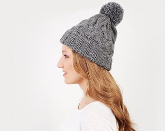 Hand Knit Beanie Hat, Chunky Knit Hat, Winter Hat, Wool Hat, Hand Knitted Hat, Pom pom hat, Turn Up Beanie, Slouchy Hat, Wool Slouchy Hat,