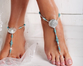 Sandalias descalzas con cuentas de concha, sandalias descalzas de boda de playa, Tobillera, Zapatos de novia, Joyería de pies, Boda de destino, Regalo de dama de honor