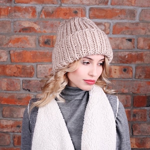 Hand Knit Beanie Hat, Chunky Knit Hat, Winter Hat, Oversized Hat, Knitted Hat, Turn Up Beanie, Slouchy Hat, Wool Slouch Hat, Cuffed Beanie