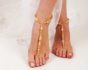 Sandalias descalzas, sandalias descalzas de oro de oro de la boda de la playa, zapatos descalzos de oro perla, sandalias descalzas de oro, zapato descalzo, sandalia sin pies