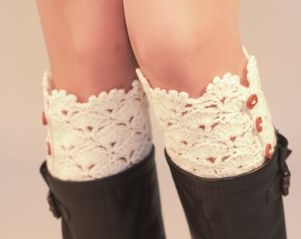 Hand Knitted Crocheted Off-White Leg Warmers, Fashion Winter Legwarmers, boot cuffs,boot socks, Knit Fashion Accessory, Winter Accessories