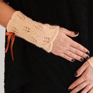 Hand Knitted Light Peach Fingerless gloves, winter wrist warmers, Hand Warmers, Mittens, Knitting Arm Warmers, Winter fashion hand made gift